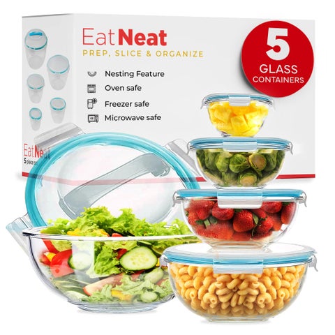 EatNeat Set of 5 Glass Food Storage Bowls with Airtight Snap Lock Lids  Salad Mixing Cooking Meal Prepping  Leftover Keeping Stackable  Nesting