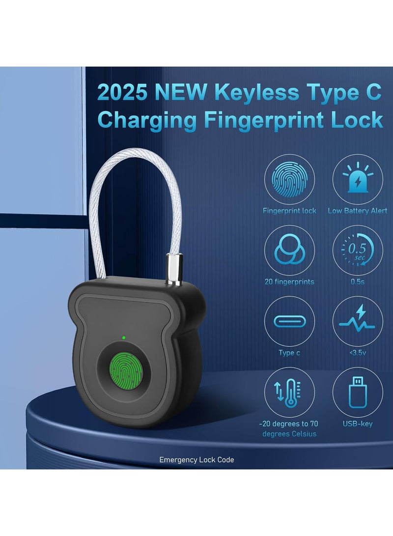 CMGTYYD 2025 New Fingerprint Padlock, Keyless Smart Padlock, 0.5s Unlock with 20 Fingerprints, USB-Key, Emergency Unlock Code, Low Power Warning, Anti-Theft for Suitcase, Drawer, Wardrobe - Image 3