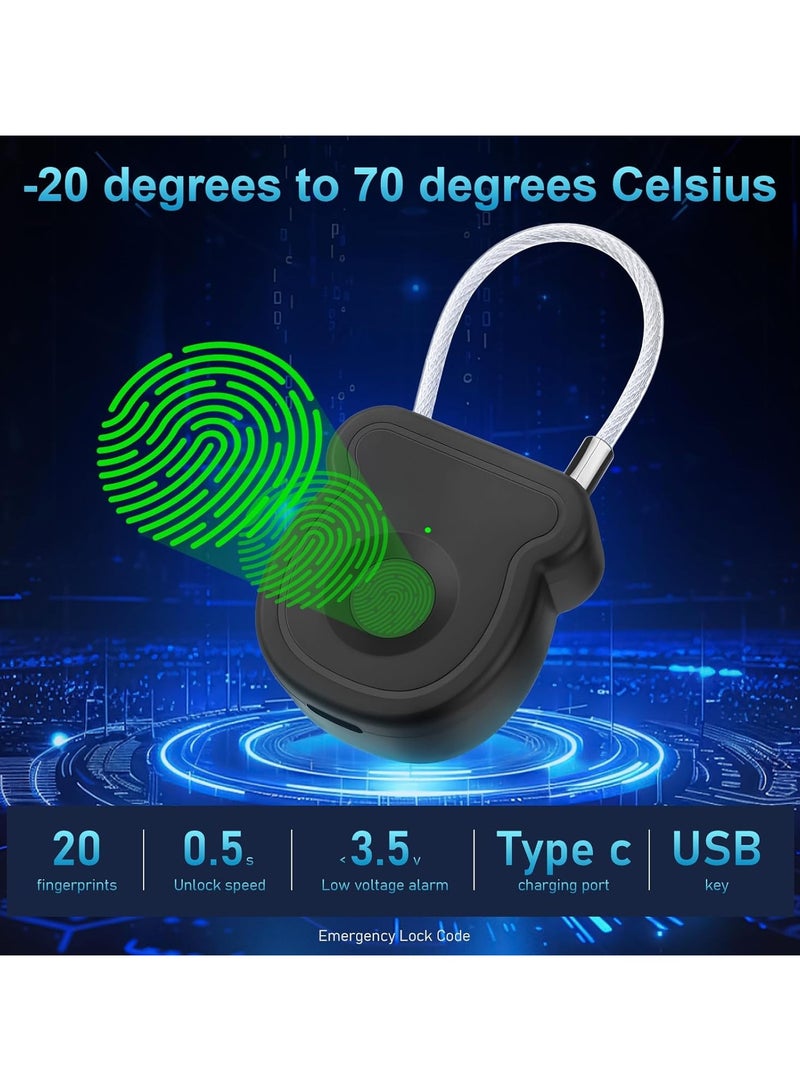 CMGTYYD 2025 New Fingerprint Padlock, Keyless Smart Padlock, 0.5s Unlock with 20 Fingerprints, USB-Key, Emergency Unlock Code, Low Power Warning, Anti-Theft for Suitcase, Drawer, Wardrobe - Image 2
