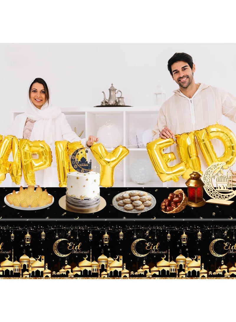 SYOSI غطاء طاولة بموضوع الهلال الأسود بمناسبة عيد مبارك 1 قطعة، مستلزمات حفلات رمضان غطاء طاولة مستطيل أسود وذهبي لتزيين حفلات عيد الفطر (قابل للتخلص منه) - Image 3