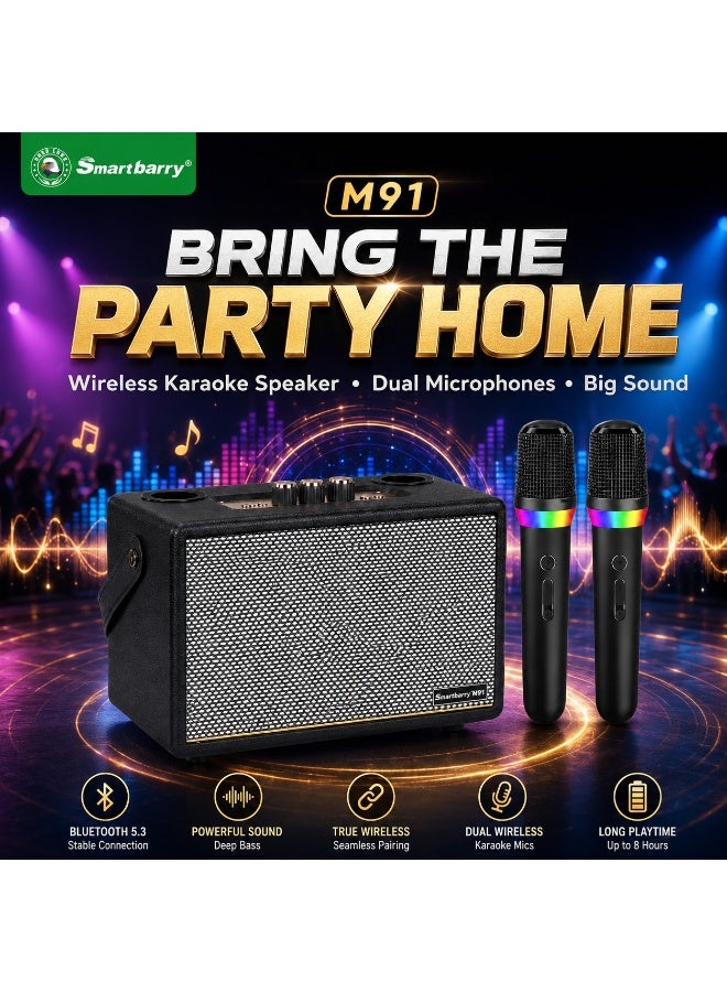 Smartbarry M91 Wireless Karaoke Speaker With 2 Wireless Microphones, Portable Bluetooth Speaker, Brown Retro Design, USB & AUX Support, Rechargeable Party Speaker For Home, Outdoor & Family Entertainment, High Bass Stereo Sound System - Image 3