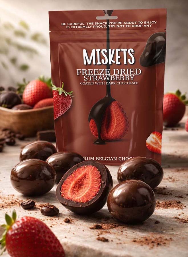 Miskets مستكة الشوكولاتة البلجيكية الداكنة المغلفة بالفراولة المجففة بالتجميد، 80 غرام - Image 2