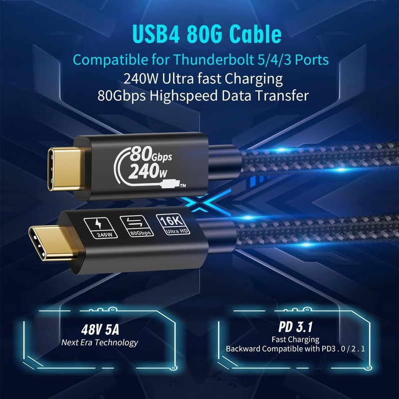 كيبل ديكون كابل تمديد Thunderbolt 5 USB 4 فائق السرعة 80 جيجابت/ثانية لنقل البيانات، شحن سريع بقدرة 240 واط، اتصال فيديو فائق الدقة 16K، كابل USB من النوع C (Thunderbolt 5 USB 4.0 80 جيجابت/ثانية 1.5 متر) - Image 4