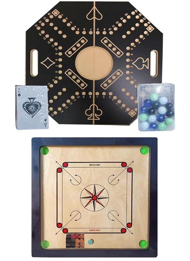 Fitness World A set of jackaroo game with balls and cards 40 x 40 cm, a 20-inch wooden carom board with 24 coins, and a striker set.  - Image 1