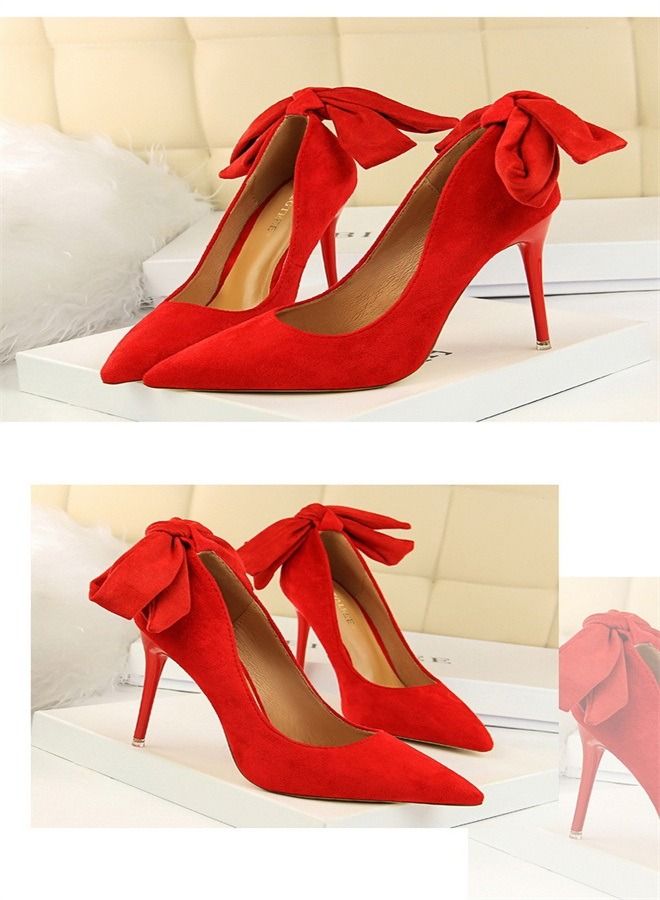 BIGTREE حذاء بكعب عالٍ من الجلد المدبوغ بمقدمة مدببة 10.5 سم أحمر - Image 2