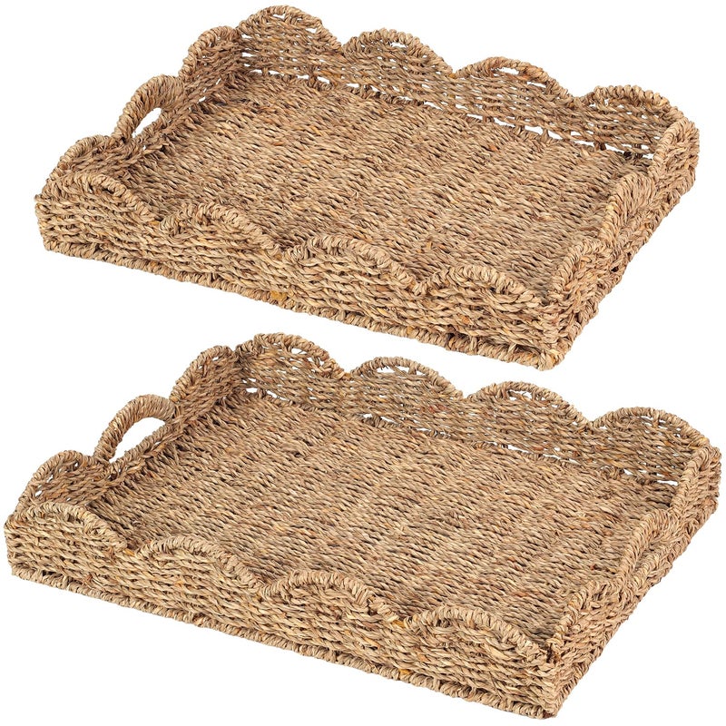 2Pcs  Scalloped Basket Decorative Basket Seagrass Tray 17 x 13 x 3 inch  2Pcs with Scalloped Edge and Builtin Handles Rectangle ServingRattanWickerWovenBasket Tray