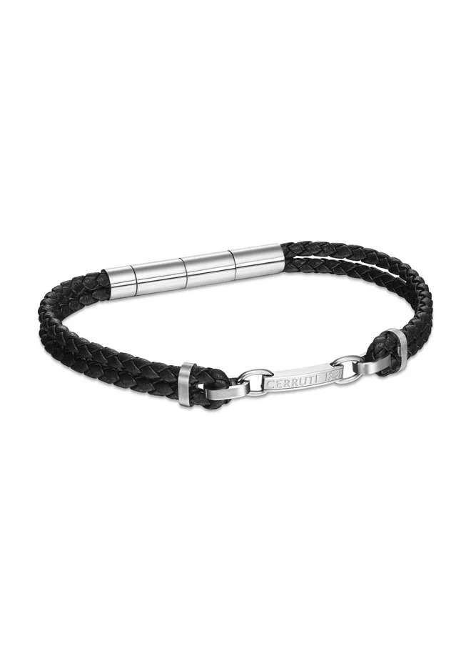 CERRUTI 1881 Sandro Black Leather Bracelet with Stainless Steel Link Motif for Men