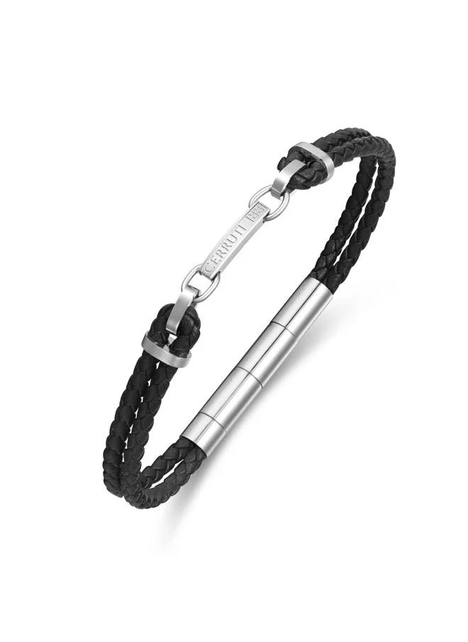 CERRUTI 1881 Sandro Black Leather Bracelet with Stainless Steel Link Motif for Men