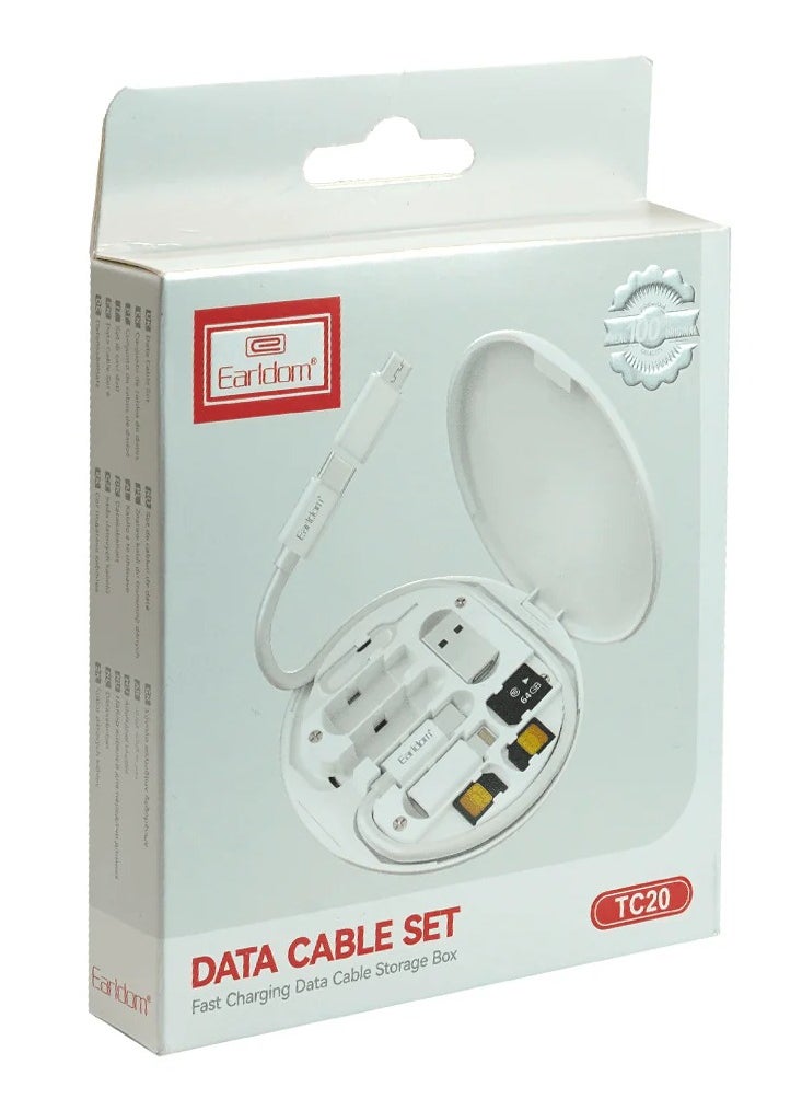 Earldom TC20 5-in-1 Multi-Type Phone Micro USB Type Fast Charging Data Cable Set for Apple, Android, Type C Charging with Retrieve Card Pin, Round Storage Box - White  - Image 2