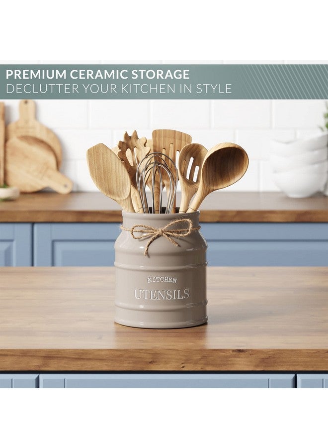 BARNYARD DESIGNS Barnyard Designs Ceramic Farmhouse Utensil Holder for Kitchen Counter, Large Rustic Utensil Crock, Countertop Cooking Tool Spatula Organizer, 6.75” (Taupe)  - Image 5