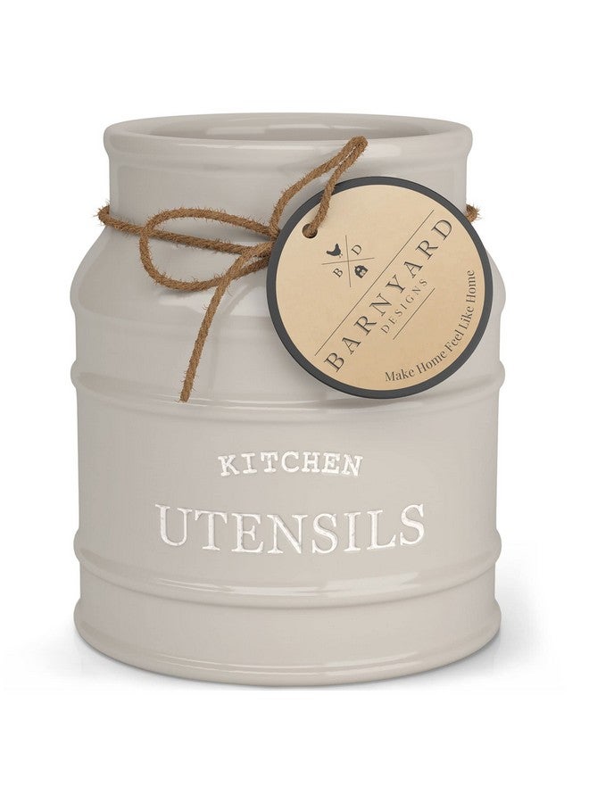 BARNYARD DESIGNS Barnyard Designs Ceramic Farmhouse Utensil Holder for Kitchen Counter, Large Rustic Utensil Crock, Countertop Cooking Tool Spatula Organizer, 6.75” (Taupe)  - Image 1