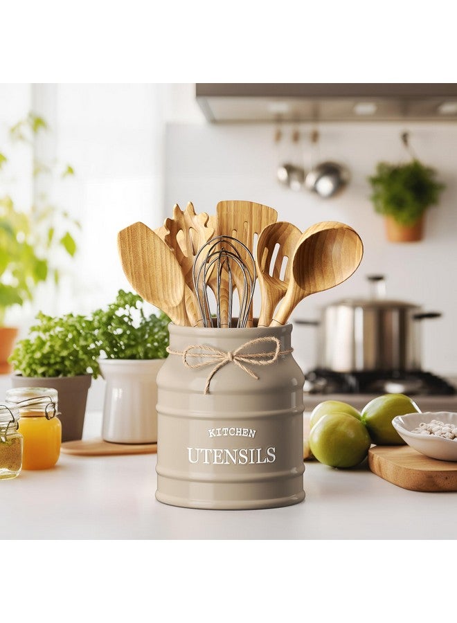 BARNYARD DESIGNS Barnyard Designs Ceramic Farmhouse Utensil Holder for Kitchen Counter, Large Rustic Utensil Crock, Countertop Cooking Tool Spatula Organizer, 6.75” (Taupe)  - Image 2