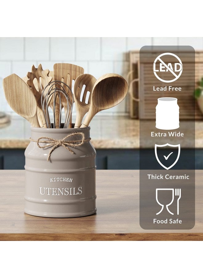 BARNYARD DESIGNS Barnyard Designs Ceramic Farmhouse Utensil Holder for Kitchen Counter, Large Rustic Utensil Crock, Countertop Cooking Tool Spatula Organizer, 6.75” (Taupe)  - Image 3