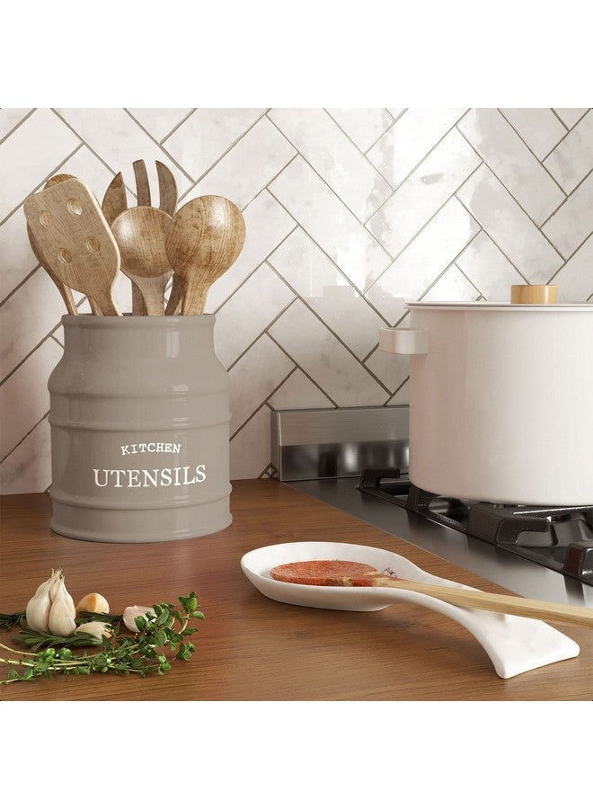 BARNYARD DESIGNS Barnyard Designs Ceramic Farmhouse Utensil Holder for Kitchen Counter, Large Rustic Utensil Crock, Countertop Cooking Tool Spatula Organizer, 6.75” (Taupe)  - Image 4