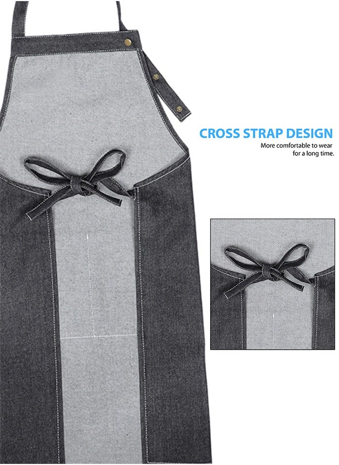 YANEK YANEK Unisex Denim Chef Apron With Pockets Barista Cotton Apron For Home Kitchen BBQ Coffee Shop 3 Pockets Adjustable Straps  - Image 5