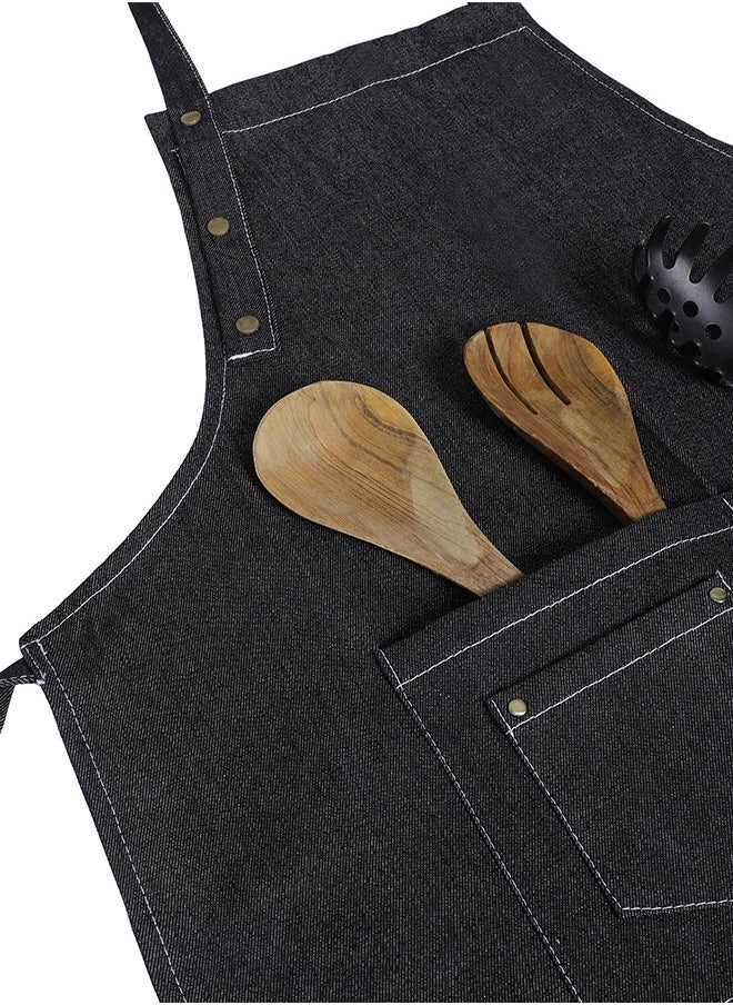 YANEK YANEK Unisex Denim Chef Apron With Pockets Barista Cotton Apron For Home Kitchen BBQ Coffee Shop 3 Pockets Adjustable Straps  - Image 3