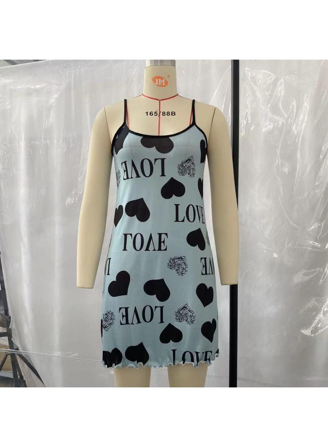 European And American Summer Thin Home Wear Camisole Short Dress Heart Cartoon Cute Print Pajamas