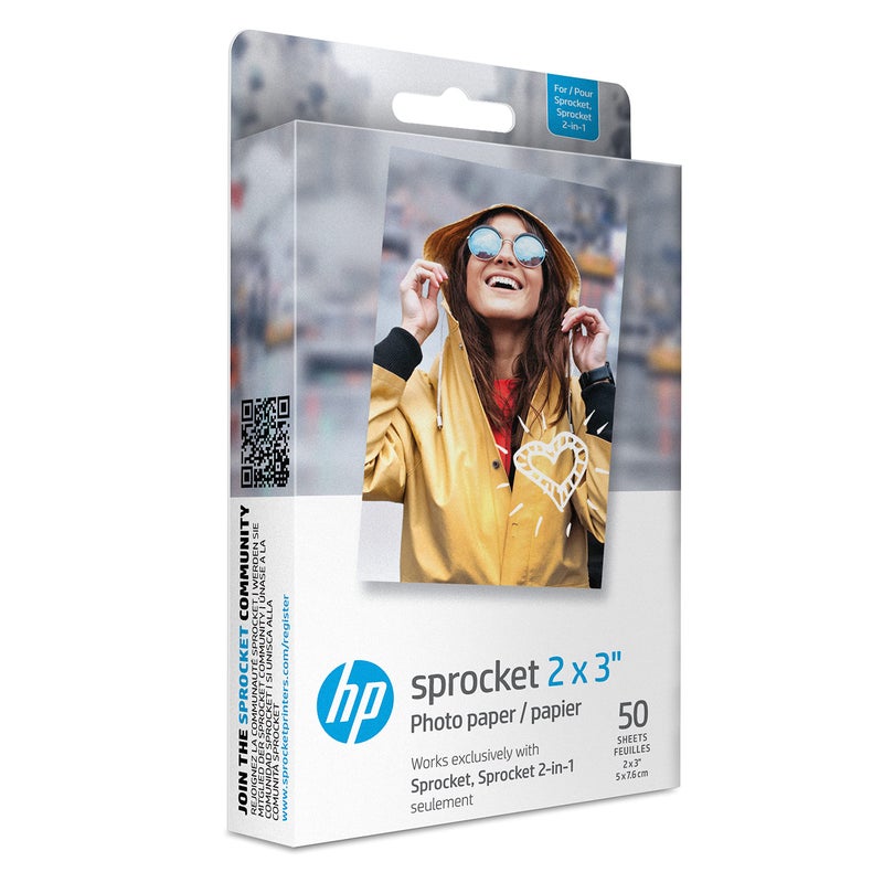 HP ورق صور HP Sprocket مقاس 2 × 3 بوصة بريميوم زنك لاصق خلفي (50 ورقة) متوافق مع طابعات الصور Hp Sprocket - Image 1