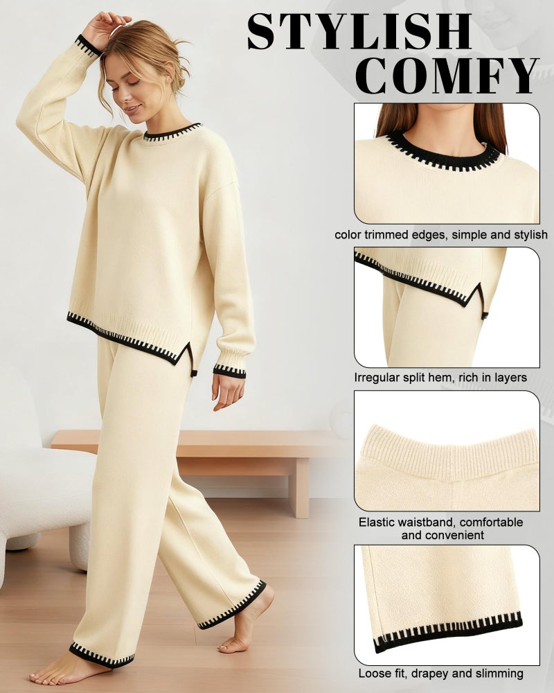 Simlakey Women 2 Piece Sweater Set Causal Lounge Set 2025 Stylish Long Sleeve Outfits Knit Matching Loungewear(Apricot,S) - Image 4