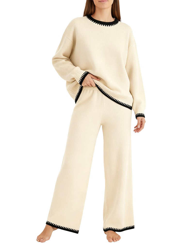 Simlakey Women 2 Piece Sweater Set Causal Lounge Set 2025 Stylish Long Sleeve Outfits Knit Matching Loungewear(Apricot,S) - Image 1
