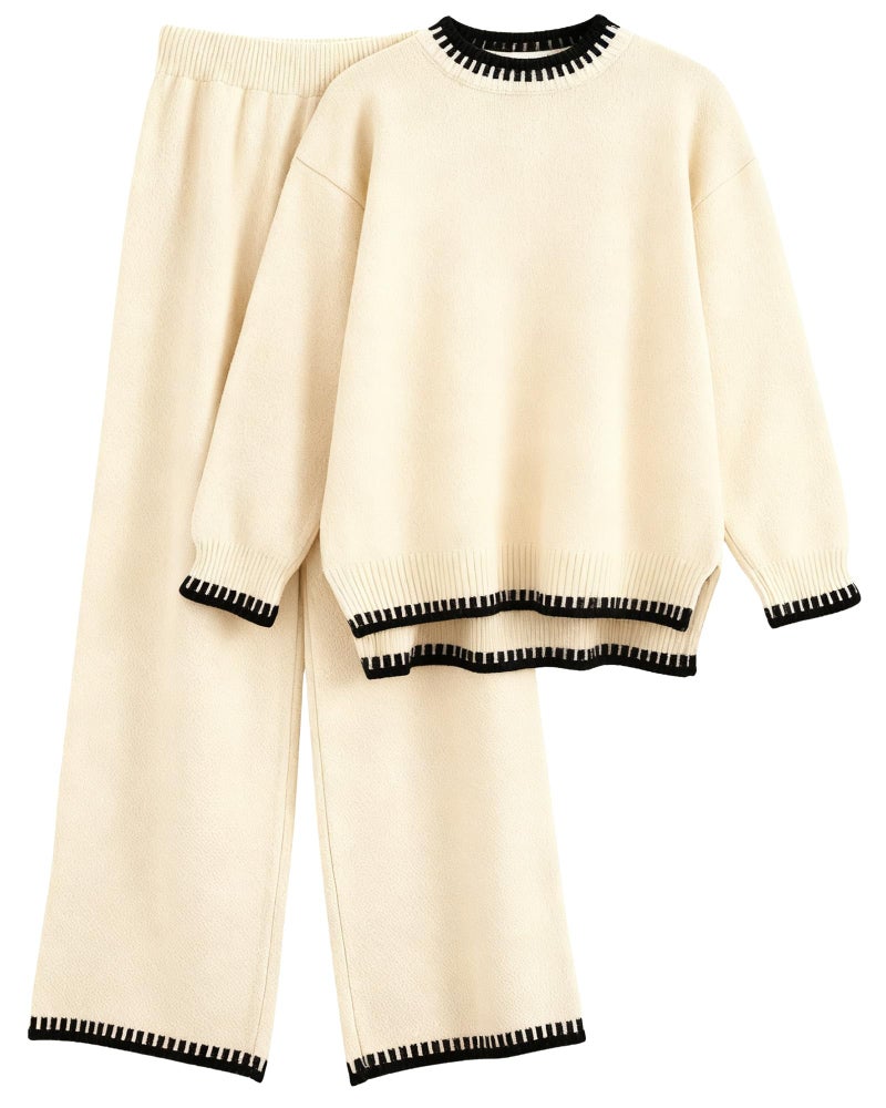 Simlakey Women 2 Piece Sweater Set Causal Lounge Set 2025 Stylish Long Sleeve Outfits Knit Matching Loungewear(Apricot,S) - Image 2