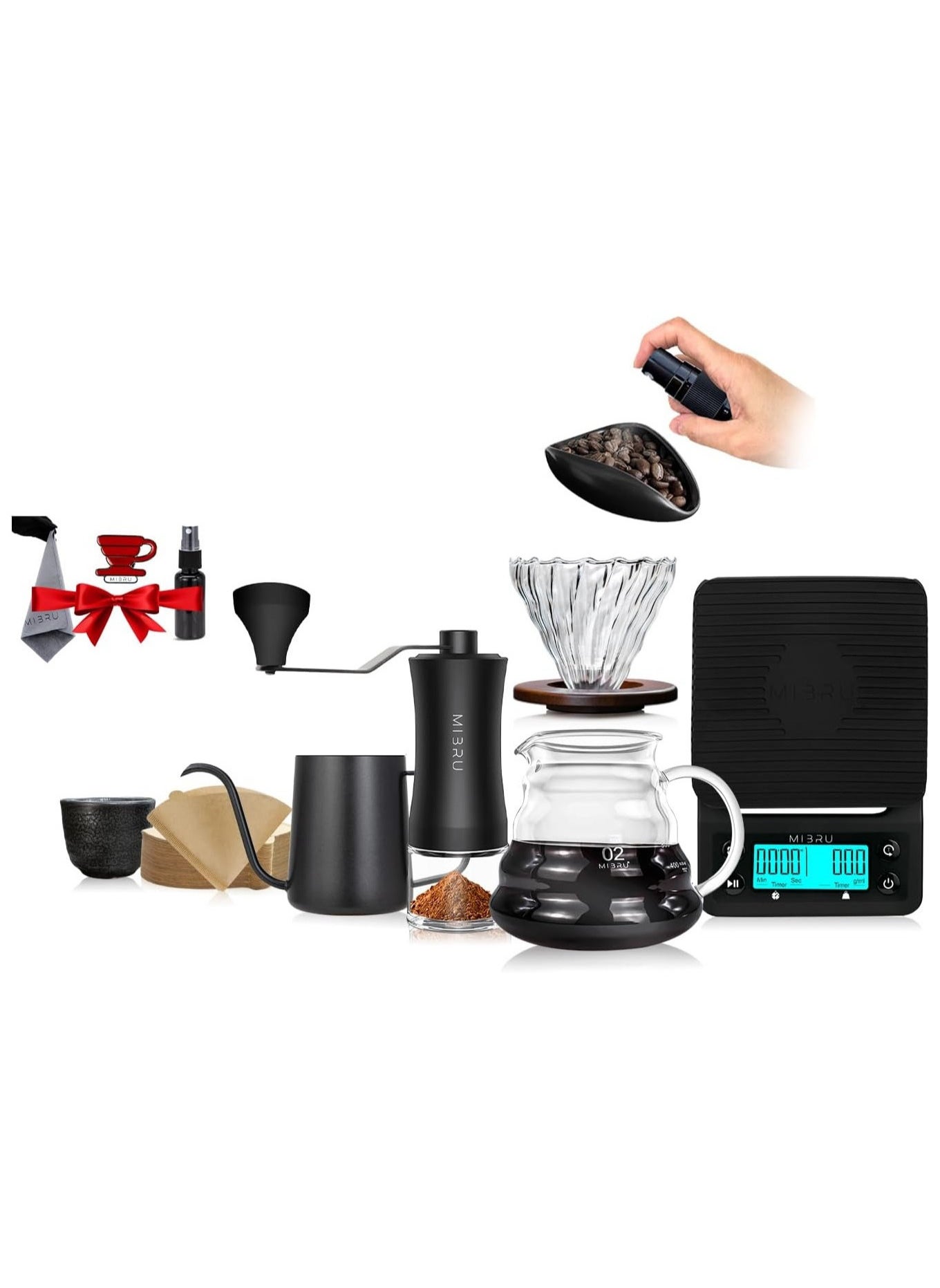 V60 drip coffee maker set black Suitable It consists of a scale barista's kit glass server drip jug coffee filter coffee grinder drip funnel thermometer 