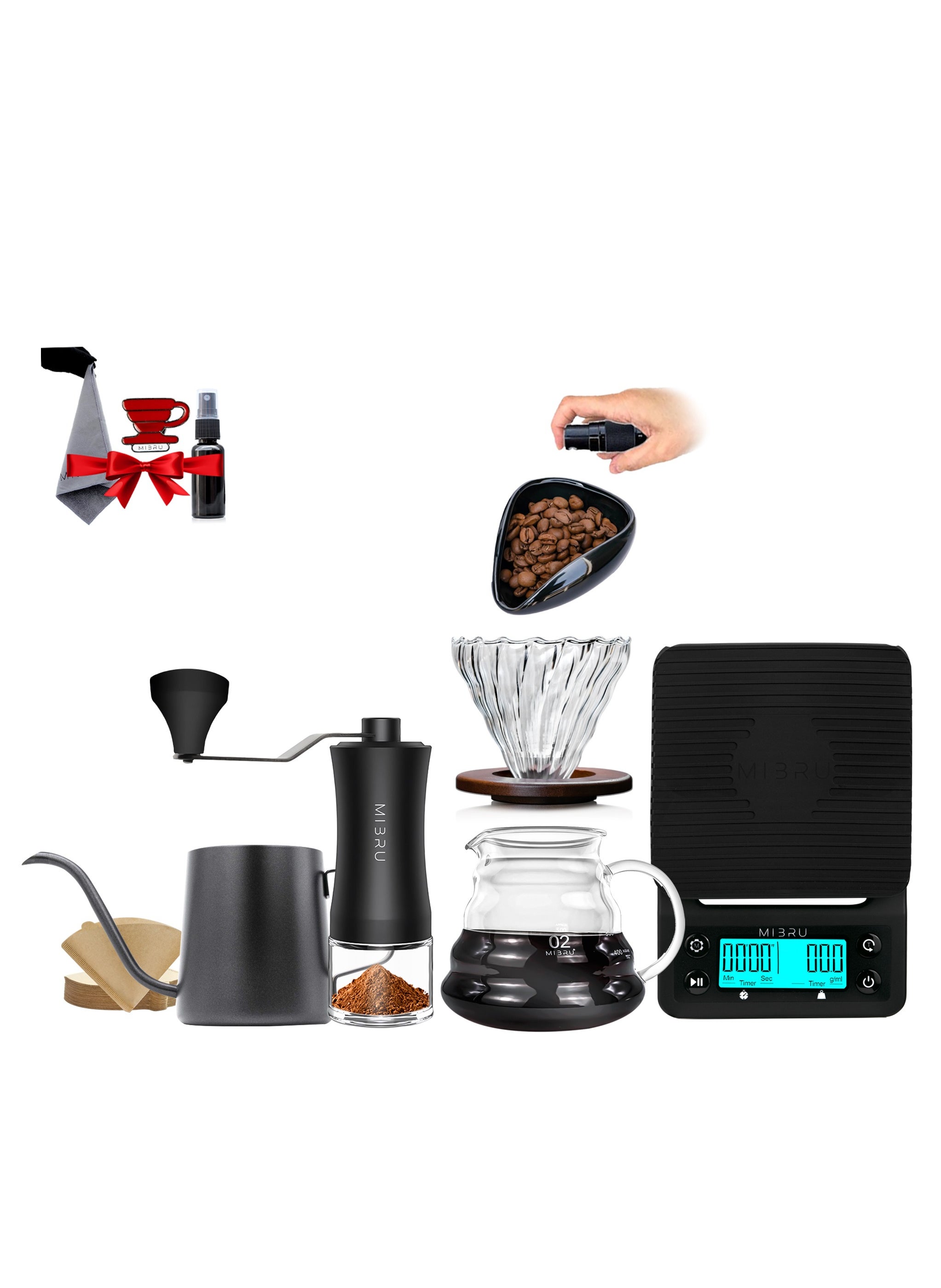 MIBRU V60 drip coffee maker set black Suitable It consists of a scale barista's kit glass server drip jug coffee filter coffee grinder drip funnel 