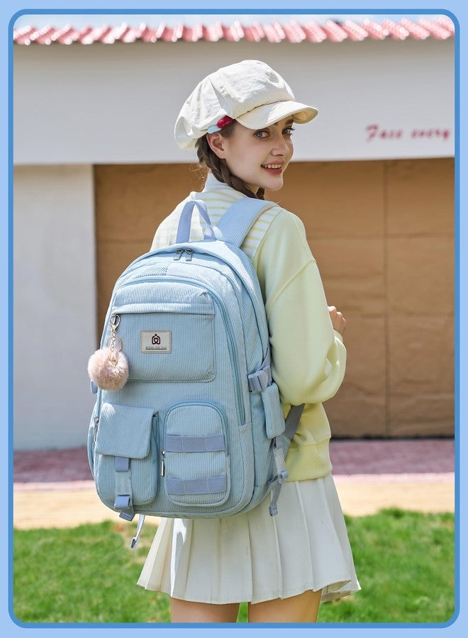Hidds School Backpack for Teens Girls Women 15.6 Inch Laptop College Backpacks Corduroy Kids Bookbag Students Travel Daypack Womens (Blue) - Image 2