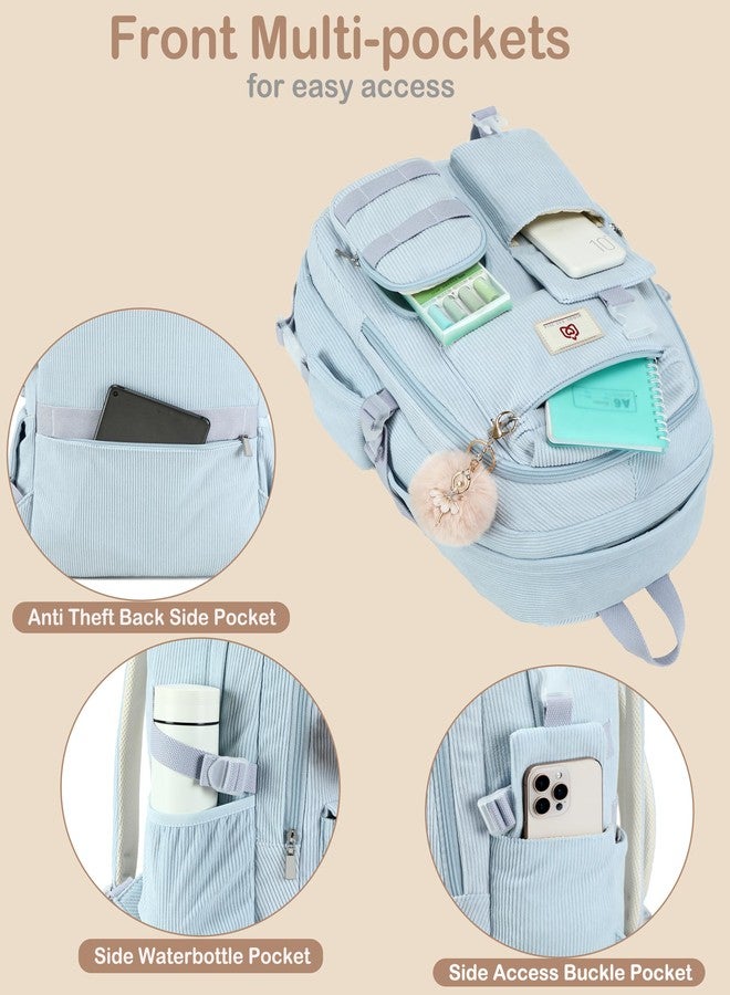 Hidds School Backpack for Teens Girls Women 15.6 Inch Laptop College Backpacks Corduroy Kids Bookbag Students Travel Daypack Womens (Blue) - Image 4