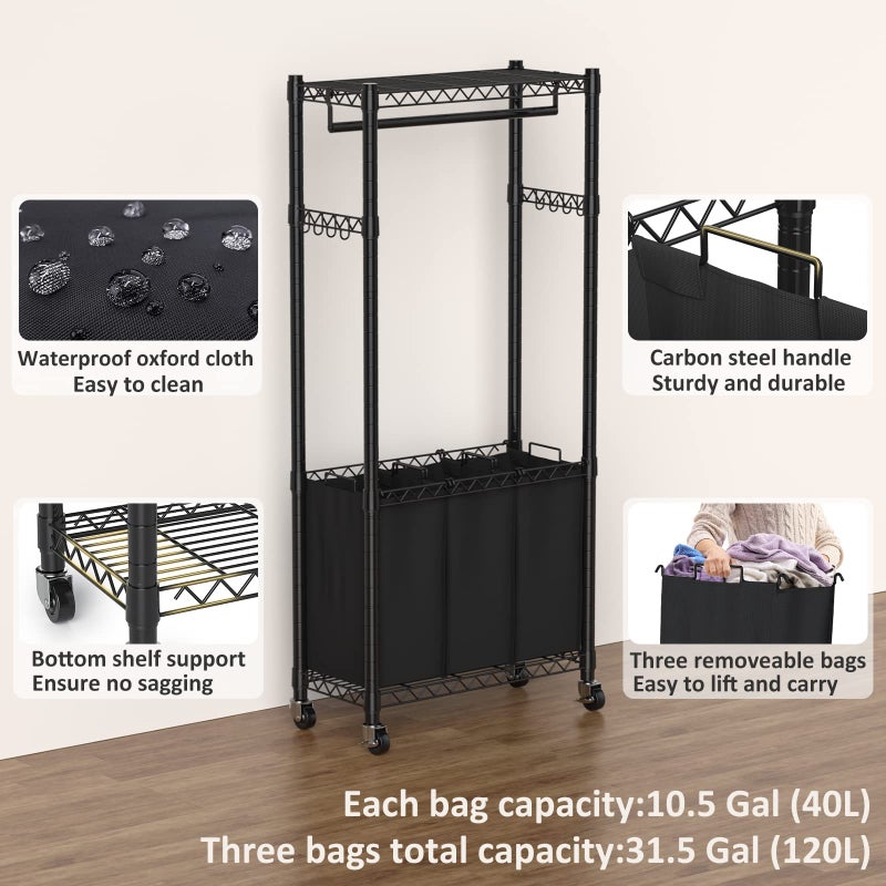 Hodonas Rolling Laundry Basket Organizer with Wheels and Hanging Bar, Laundry Hamper Cart Laundry Sorter 3 Section, Dirty Clothes Hampers for Laundry Bedroom Bathroom w/ 3 Removable Bags, Black - Image 3