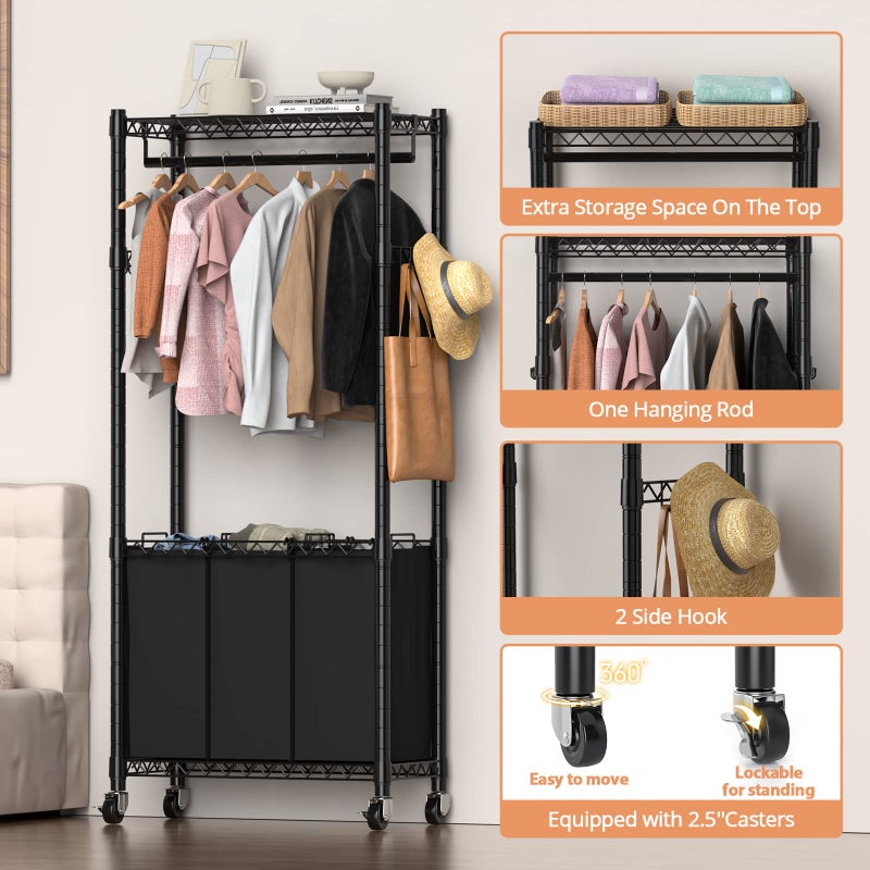 Hodonas Rolling Laundry Basket Organizer with Wheels and Hanging Bar, Laundry Hamper Cart Laundry Sorter 3 Section, Dirty Clothes Hampers for Laundry Bedroom Bathroom w/ 3 Removable Bags, Black - Image 2