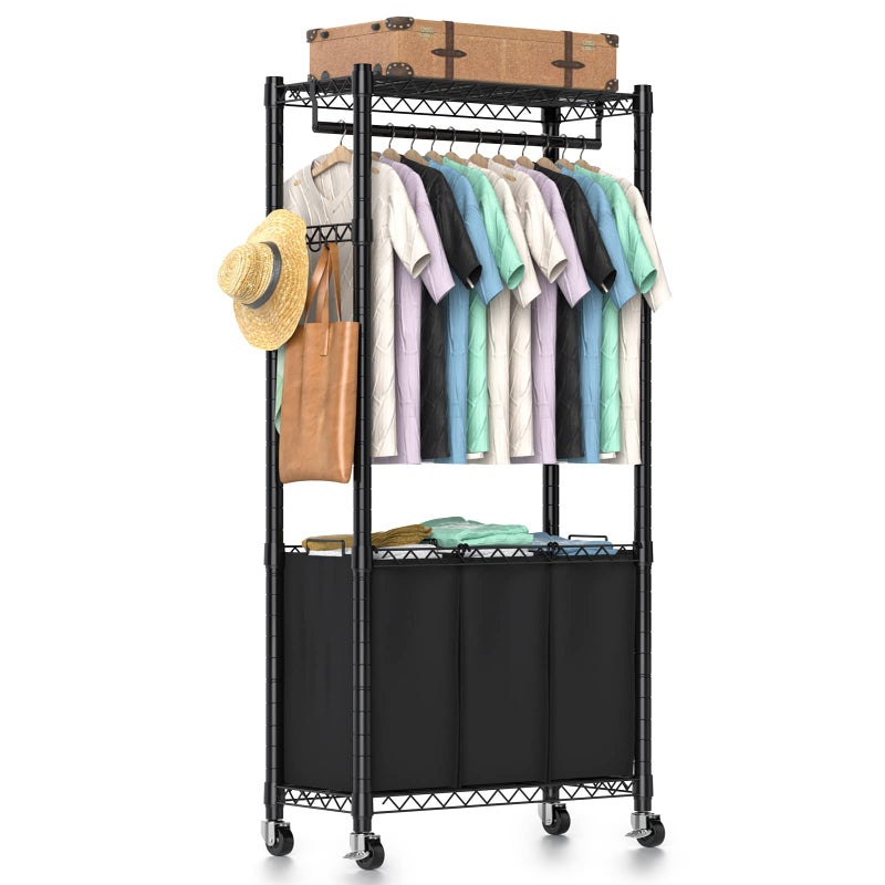 Hodonas Rolling Laundry Basket Organizer with Wheels and Hanging Bar, Laundry Hamper Cart Laundry Sorter 3 Section, Dirty Clothes Hampers for Laundry Bedroom Bathroom w/ 3 Removable Bags, Black - Image 1