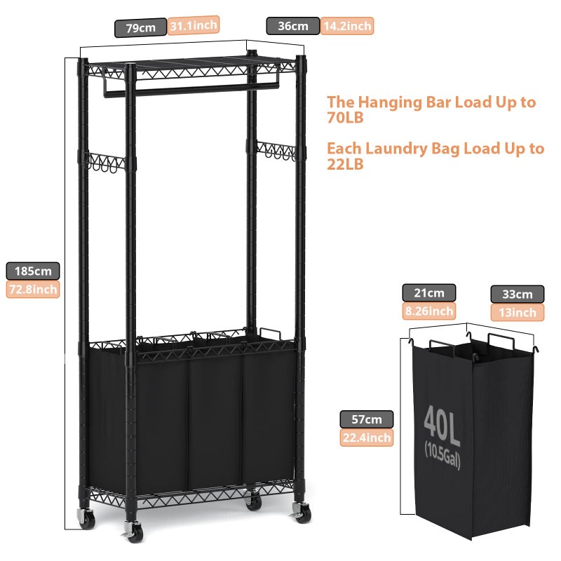 Hodonas Rolling Laundry Basket Organizer with Wheels and Hanging Bar, Laundry Hamper Cart Laundry Sorter 3 Section, Dirty Clothes Hampers for Laundry Bedroom Bathroom w/ 3 Removable Bags, Black - Image 4