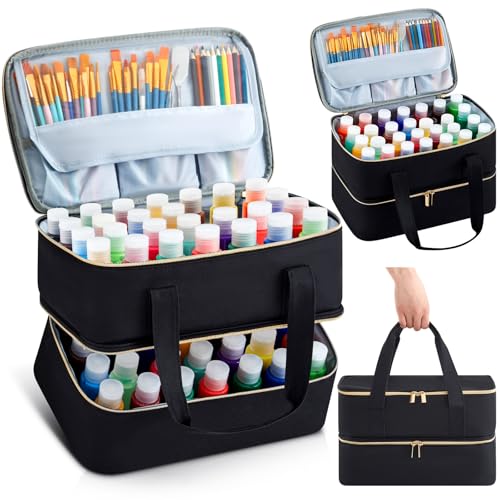 Abbylike Acrylic Paint Organizer Case for up to 56 Bottles 2 Oz Double Layer Art Supply Storage Bag Alcohol Ink Storage Paint Carry Case with Foam Insert and Inner PocketBlack - Image 1