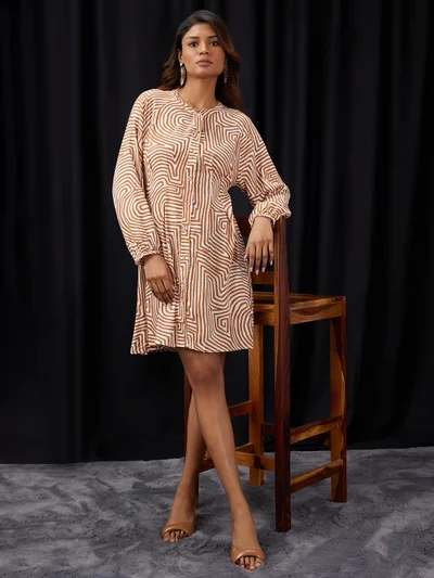 globus Women Brown Mandarin Collar Raglan Sleeves Abstract Print Pleated Detail Mini A-Line Shirt Dress