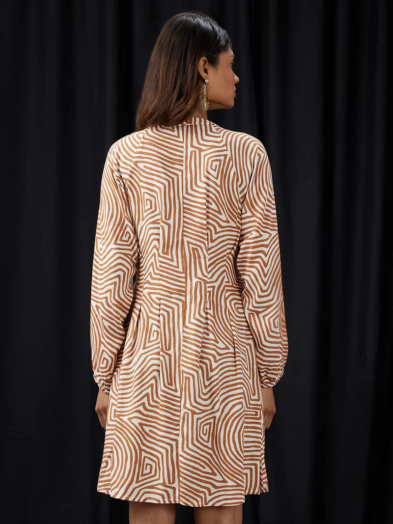 globus Women Brown Mandarin Collar Raglan Sleeves Abstract Print Pleated Detail Mini A-Line Shirt Dress