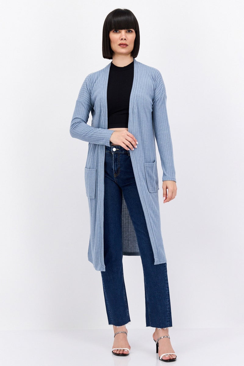 BRAVE SOUL Women Open Front Long Sleeve Solid Cardigan , Bue  - Image 1