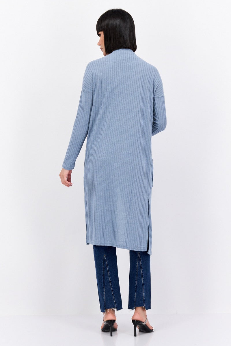 BRAVE SOUL Women Open Front Long Sleeve Solid Cardigan , Bue  - Image 4