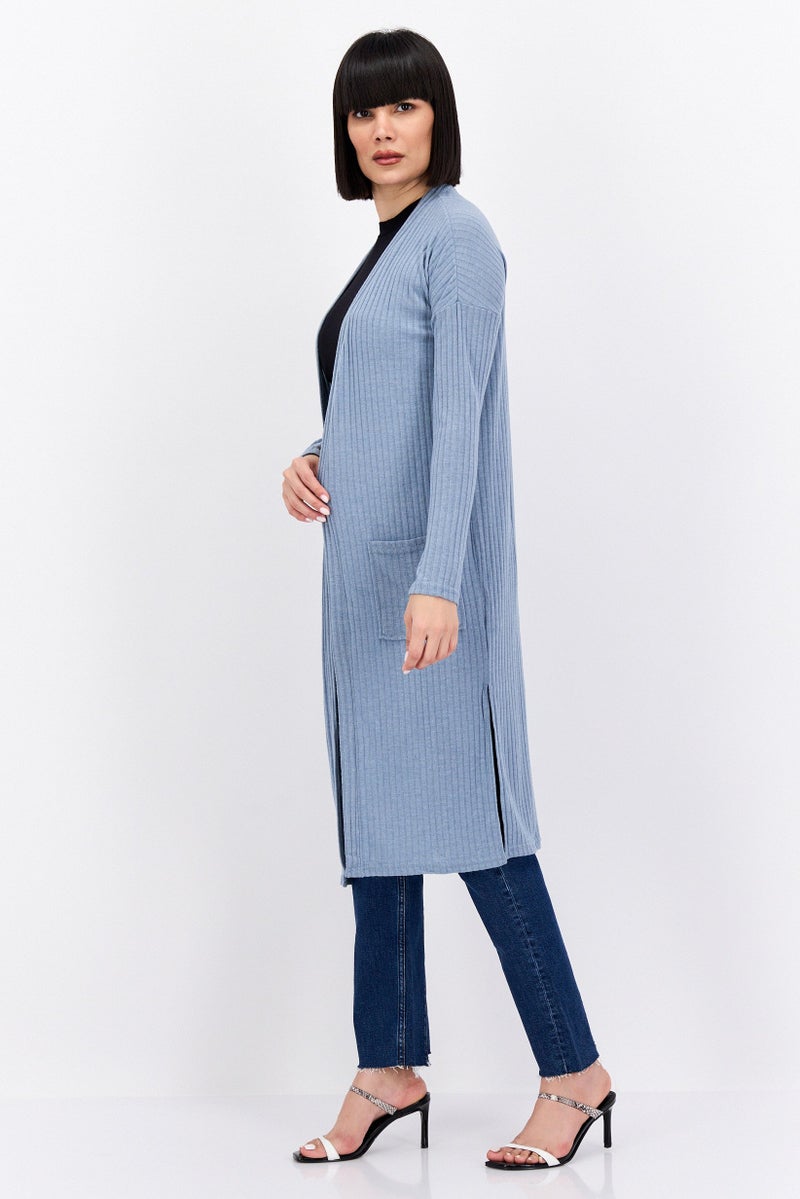 BRAVE SOUL Women Open Front Long Sleeve Solid Cardigan , Bue  - Image 3