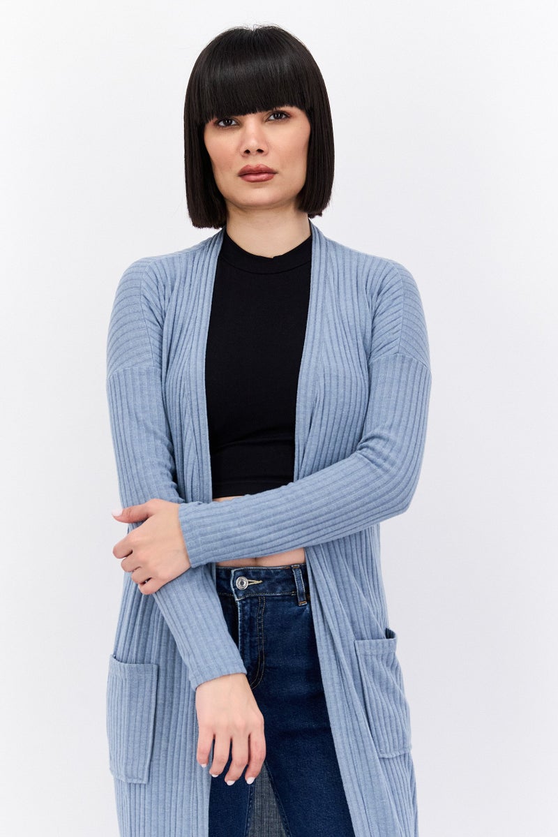 BRAVE SOUL Women Open Front Long Sleeve Solid Cardigan , Bue  - Image 2