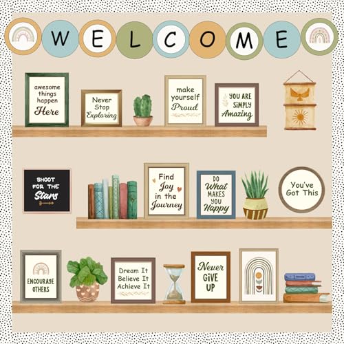 VABAMNA Welcome Back to School Bulletin Board Decorations, Boho Classroom Decor, Greenery Plant Bookshelf Inspirational Affirmation Cutouts for Teacher Welcome School Supplies Classroom Door Wall Decor - Image 1