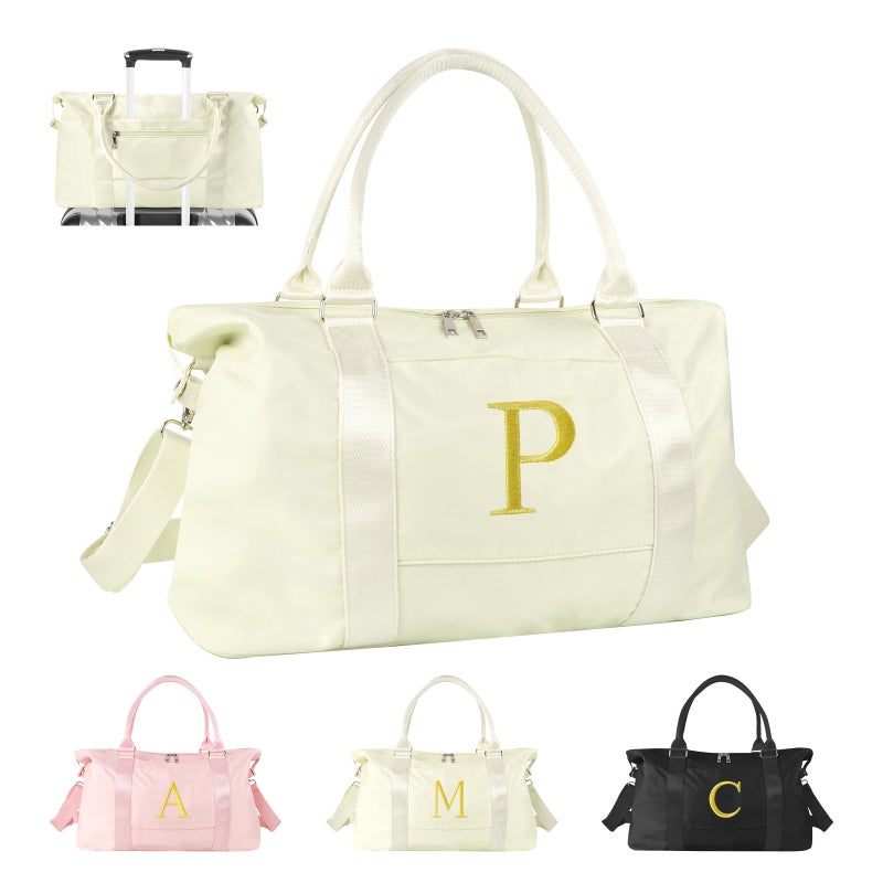 Iqimott Personalized Initial Gym Dance Bag Travel Duffel Bag for Teen Girls Carry On Bag Overnight Weekender Bag with Trolley Sleeve Birthday Gifts for Women Mom Daughter Graduation GiftLetter P Beige - Image 2