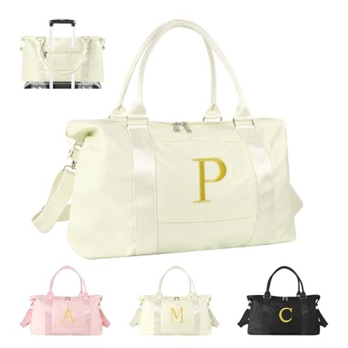 Iqimott Personalized Initial Gym Dance Bag Travel Duffel Bag for Teen Girls Carry On Bag Overnight Weekender Bag with Trolley Sleeve Birthday Gifts for Women Mom Daughter Graduation GiftLetter P Beige - Image 1