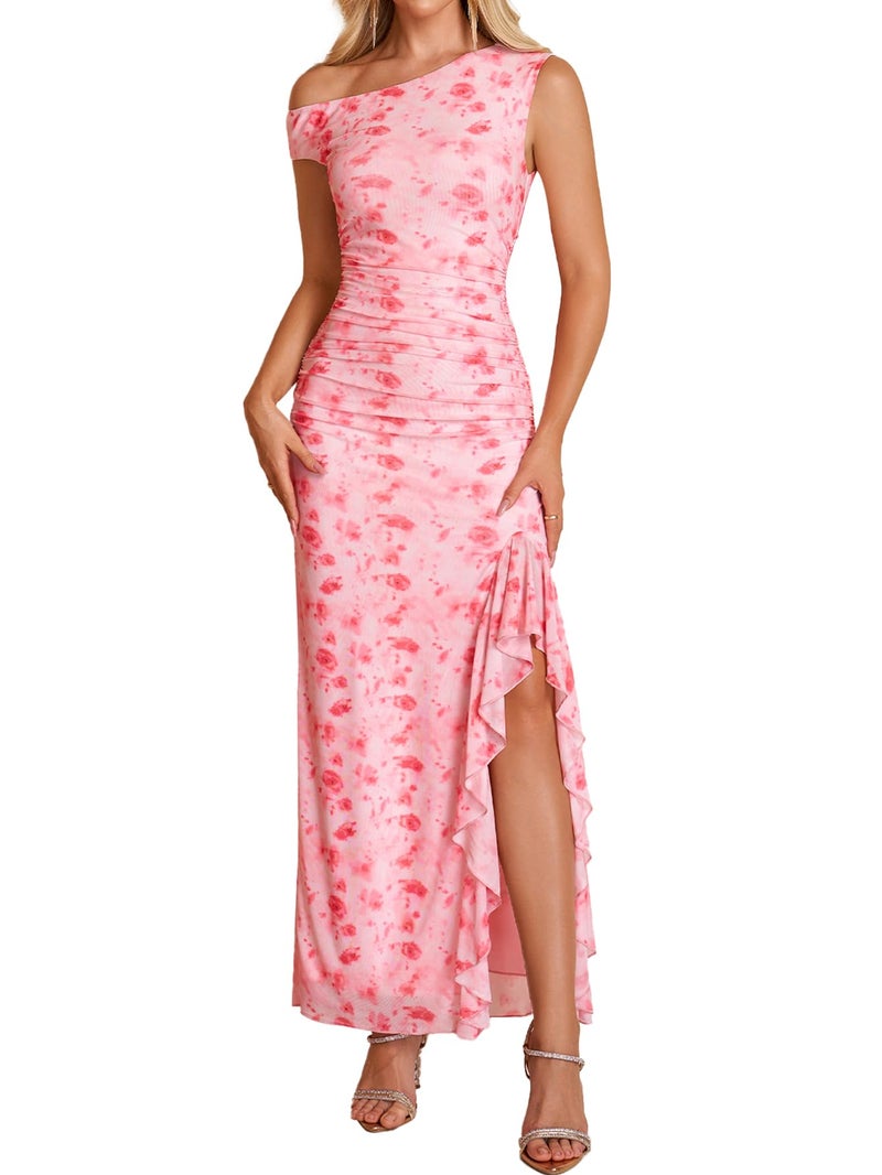 HTZMO One Shoulder Floral Wedding Guest Long Dress Summer Formal Elegant Ruffled Slit Bodycon Maxi Dresses for Women PinkFloral M - Image 1