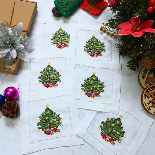 HCRAFT Embroidered White Cocktail Napkins 6x6 Set of 6 Cloth Napkin Coasters Christmas Tree Embroidered Cocktail Napkins for Christmas Cocktail Napkins Parties Ladder Hemstitch