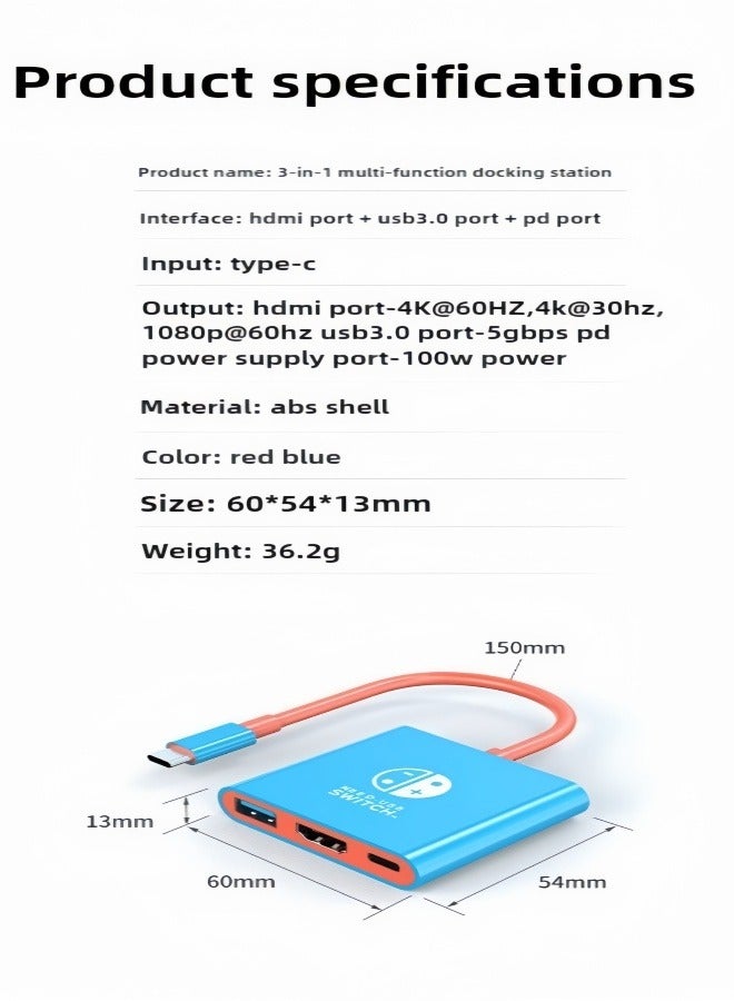 الصفحة الرئيسية قاعدة عاكسة للشاشة المحمولة من نوع C لجهاز Switch2 تدعم HDMI عالي الدقة 4K/60 هرتز HDMI + USB 3.0 + شحن PD 100W متوافق مع Switch 2 / Switch 1 (أزرق وأحمر) - Image 2