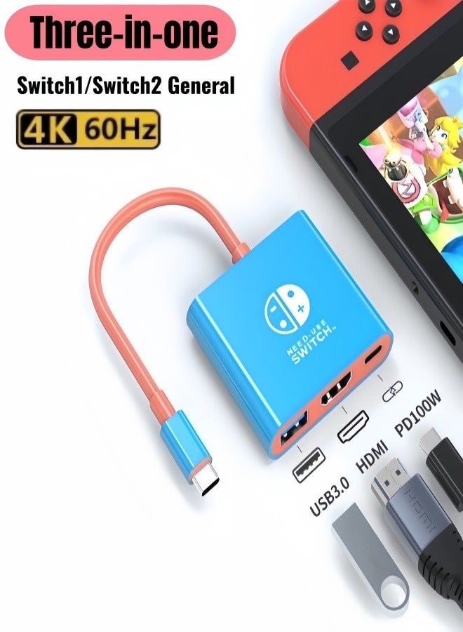 الصفحة الرئيسية قاعدة عاكسة للشاشة المحمولة من نوع C لجهاز Switch2 تدعم HDMI عالي الدقة 4K/60 هرتز HDMI + USB 3.0 + شحن PD 100W متوافق مع Switch 2 / Switch 1 (أزرق وأحمر) - Image 1