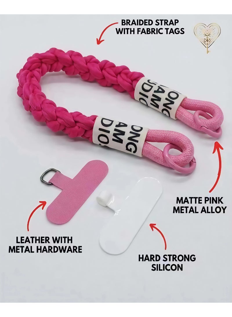 كيامور حبل معصم مضفر زهري غامق  للهاتف مزوّد بملصقات قماشية ومشابك من سبائك معدنية سوداء غير لامعة – سوار يد أنيق ومتين مصنوع من باراكورد قوي، يشمل لسان تثبيت من السيليكون القوي أو الجلد لتوصيل حامل البطاقة بأمان، مثالي للاستخدام اليومي، السفر، المناسبات، ومنع سقوط الهاتف - Image 2