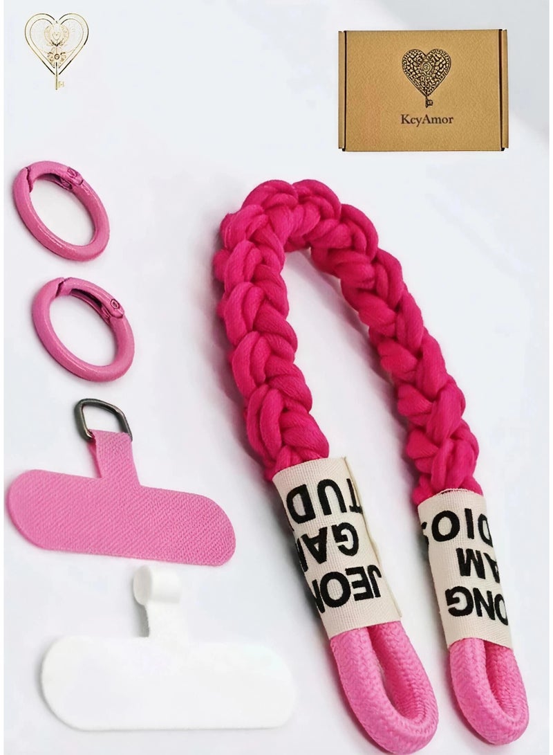 كيامور حبل معصم مضفر زهري غامق  للهاتف مزوّد بملصقات قماشية ومشابك من سبائك معدنية سوداء غير لامعة – سوار يد أنيق ومتين مصنوع من باراكورد قوي، يشمل لسان تثبيت من السيليكون القوي أو الجلد لتوصيل حامل البطاقة بأمان، مثالي للاستخدام اليومي، السفر، المناسبات، ومنع سقوط الهاتف - Image 1