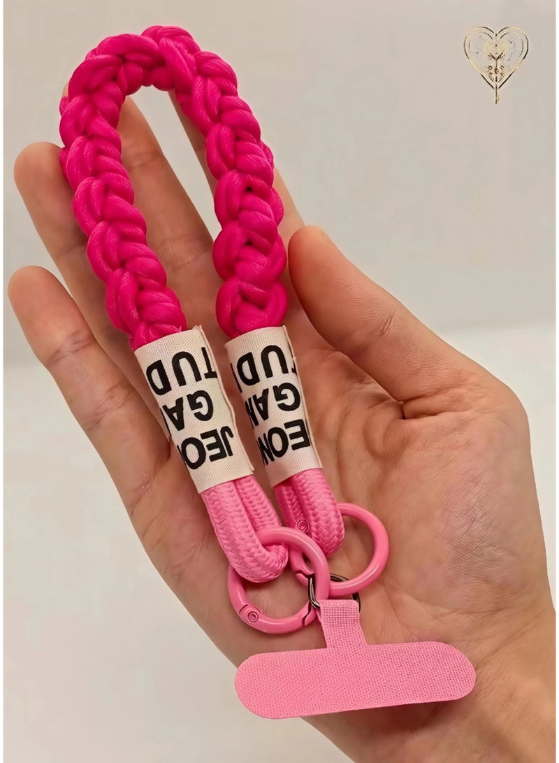 كيامور حبل معصم مضفر زهري غامق  للهاتف مزوّد بملصقات قماشية ومشابك من سبائك معدنية سوداء غير لامعة – سوار يد أنيق ومتين مصنوع من باراكورد قوي، يشمل لسان تثبيت من السيليكون القوي أو الجلد لتوصيل حامل البطاقة بأمان، مثالي للاستخدام اليومي، السفر، المناسبات، ومنع سقوط الهاتف - Image 5